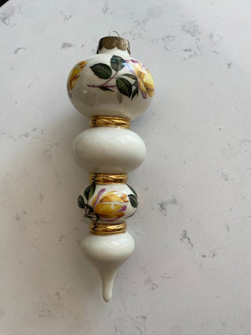 Porcelain Finial Christmas Ornament Hand Painted Yellow Roses Gold Bands 7"